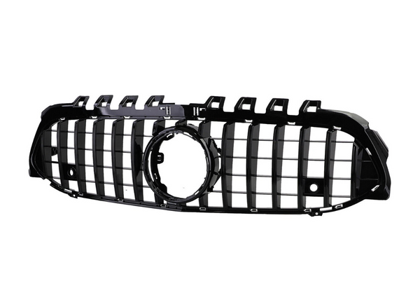 A black car grille with vertical slats, featuring a prominent circular emblem space in the center, isolated against a white background.