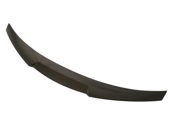 A black, curved car spoiler is resting against a plain white background. The smooth, aerodynamic design is highlighted, offering a sleek appearance without any additional elements or text present.