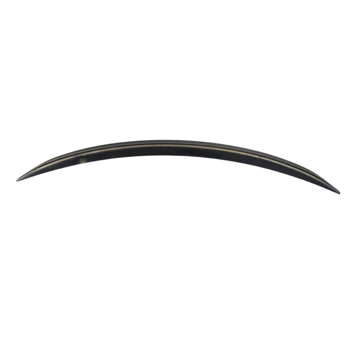 A sleek, curved, black object resembling a boomerang or crescent sits on a white background. It appears smooth and glossy, contrasting sharply with its plain surroundings.