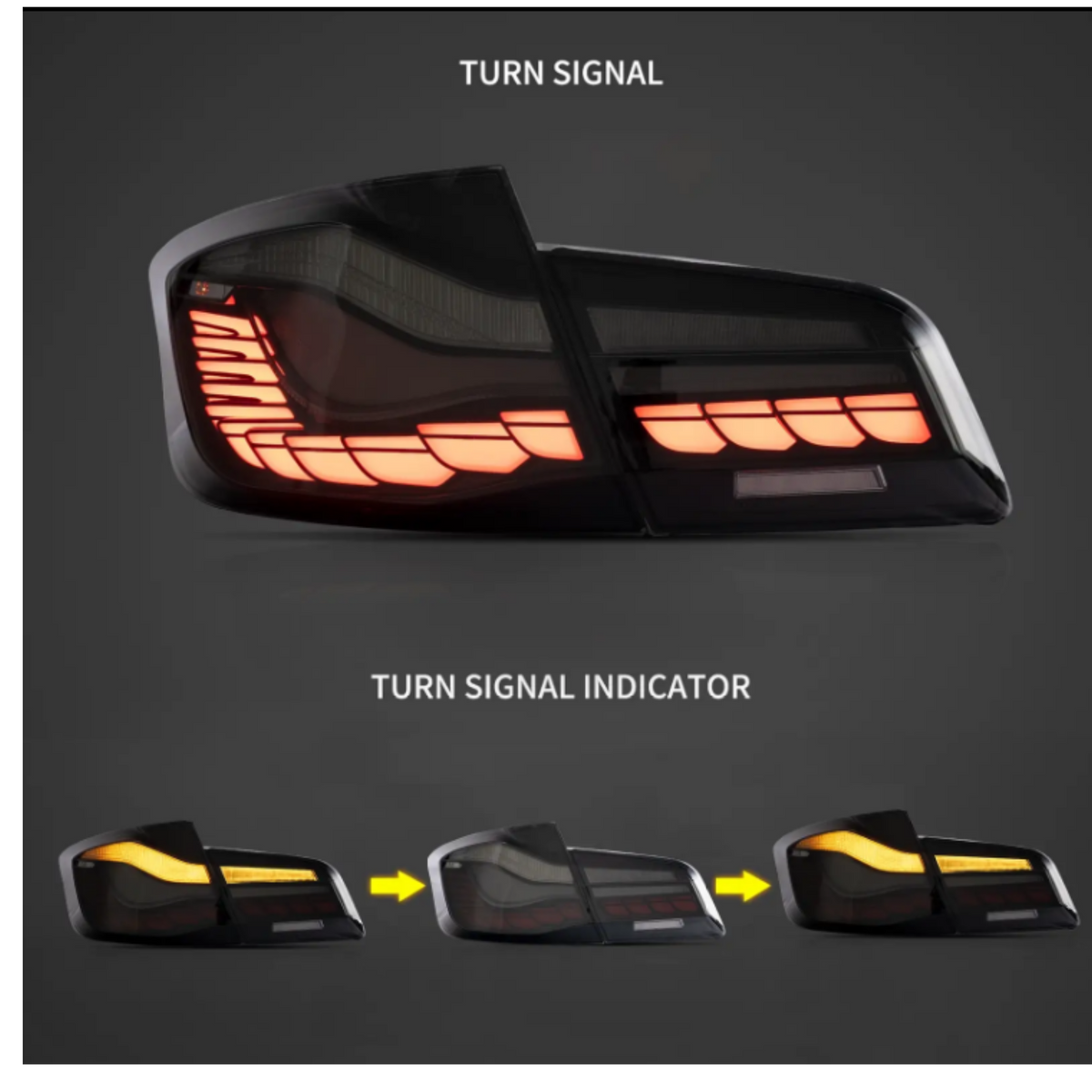 A car tail light illuminated in red displays its turn signal function. Below, sequential images show the turn signal indicator activating in yellow. Text: "TURN SIGNAL," "TURN SIGNAL INDICATOR."