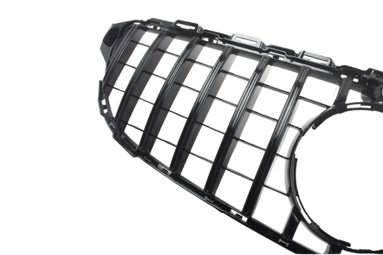 A black car grille with vertical slats is shown against a white background, designed for front vehicle placement.