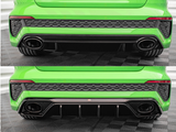 Two rear views of a green car showcase different bumper designs. The top image features a plain bumper, while the bottom includes an aggressive diffuser with multiple vertical fins. The floor is a patterned black mat.