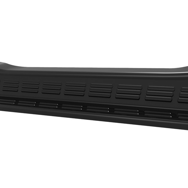 A black car side skirt, featuring horizontal vent-like indentations, is isolated against a white background.