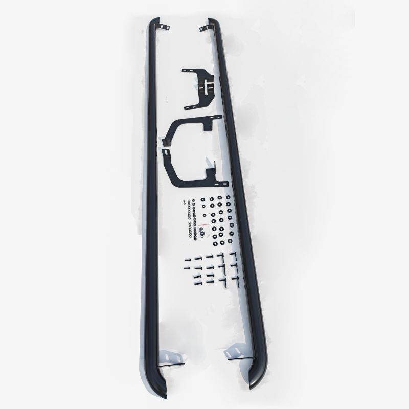 Two long, curved metal bars with various brackets and small parts are laid out on a white surface. Numerous bolts and washers are arranged precisely between the bars.