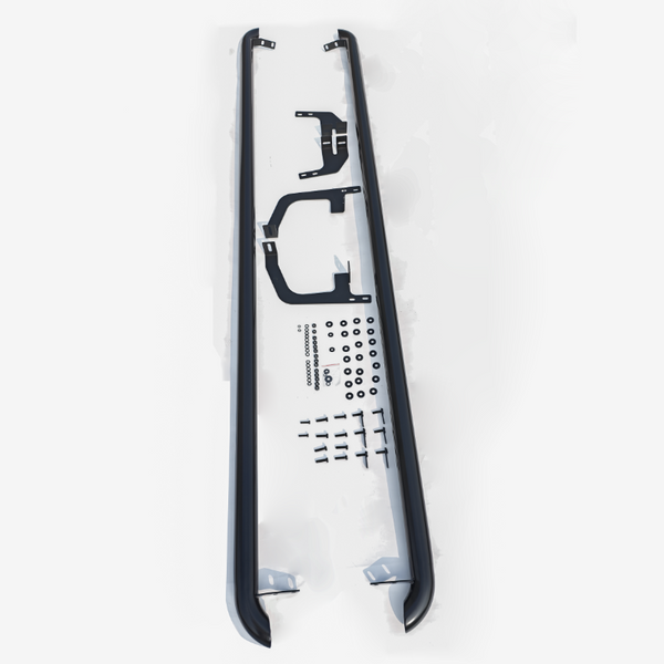 Two long, curved metal bars with various brackets and small parts are laid out on a white surface. Numerous bolts and washers are arranged precisely between the bars.