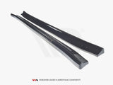 Two glossy black aerodynamic car side skirts are placed parallel on a white background. Text at the bottom reads: 