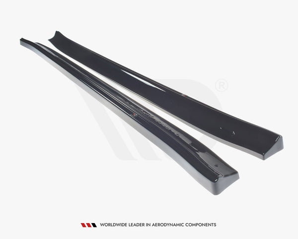 Two glossy black aerodynamic car side skirts are placed parallel on a white background. Text at the bottom reads: "WORLDWIDE LEADER IN AERODYNAMIC COMPONENTS."