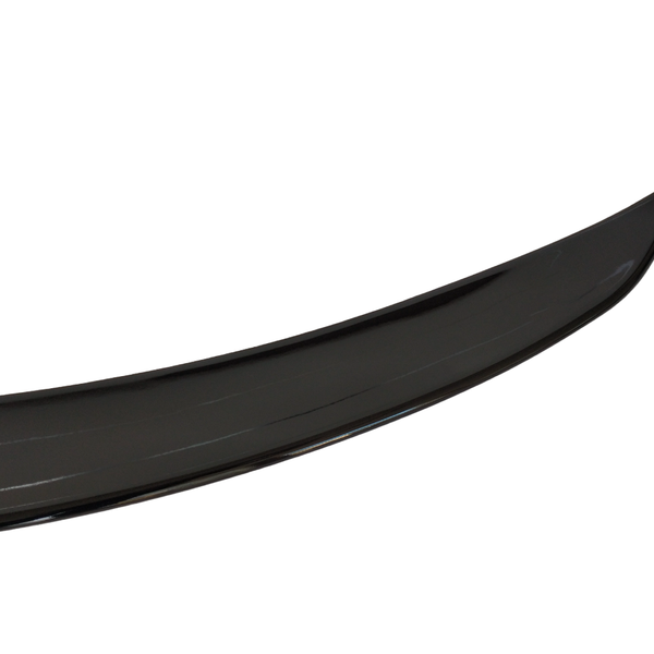 A shiny black car spoiler is displayed against a plain white background, showing its curved aerodynamic shape and glossy surface.