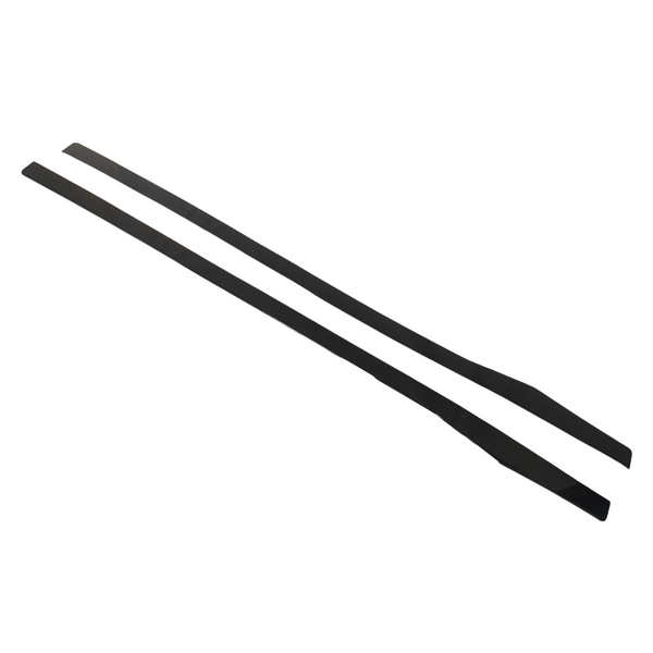 Two elongated, black plastic strips lie parallel on a plain, white background, displaying a sleek, uniform design with slightly tapered ends.