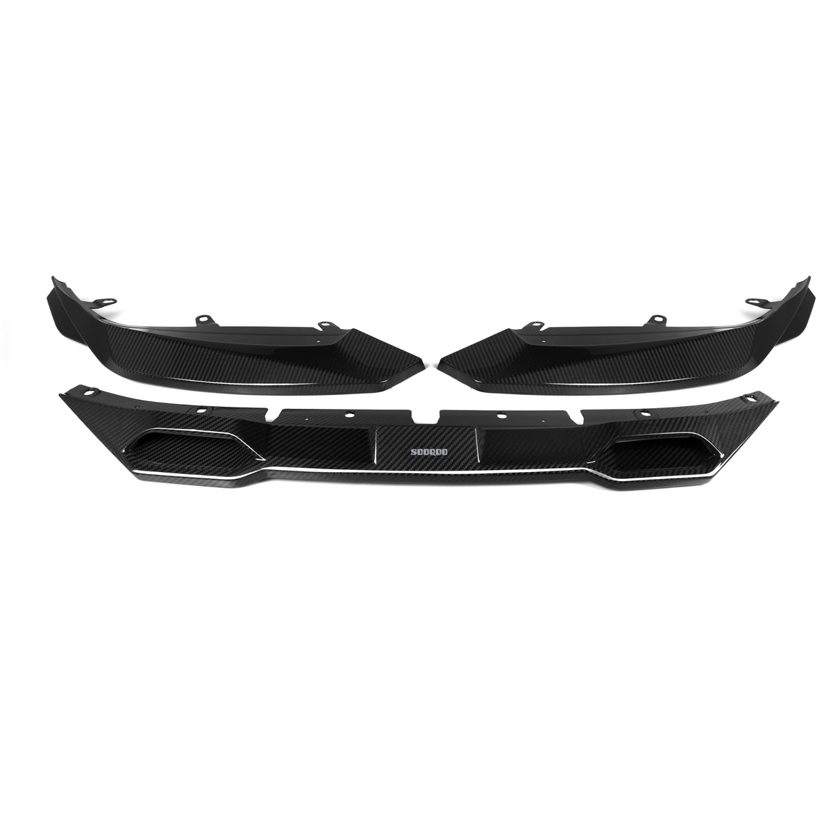 Black carbon fiber car parts are arranged on a white background. The bottom piece has the text "SDOBRO." These components appear aerodynamic, intended for vehicle modification.