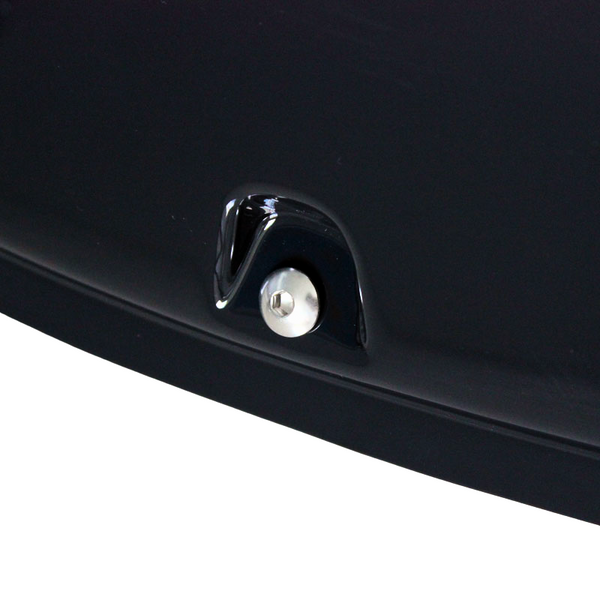 A metallic button surrounded by glossy black material is embedded in a dark, smooth surface, suggesting part of a vehicle's exterior.