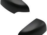 Two black side mirror covers, positioned diagonally, are shown against a white background, emphasizing their sleek, aerodynamic shape and smooth finish.