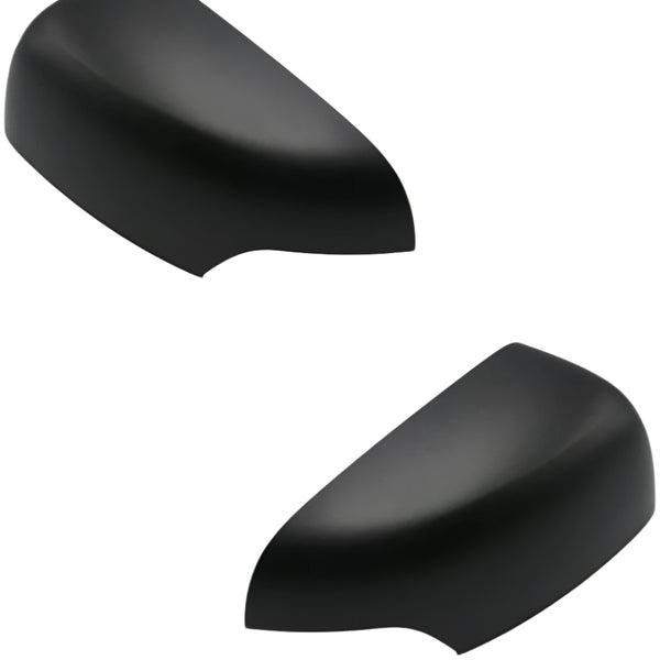Two black side mirror covers, positioned diagonally, are shown against a white background, emphasizing their sleek, aerodynamic shape and smooth finish.