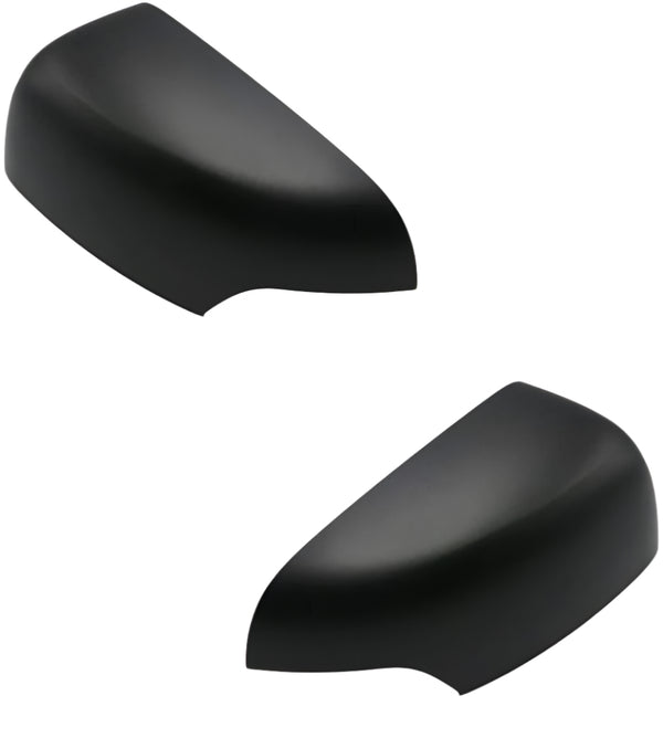 Two black side mirror covers, positioned diagonally, are shown against a white background, emphasizing their sleek, aerodynamic shape and smooth finish.