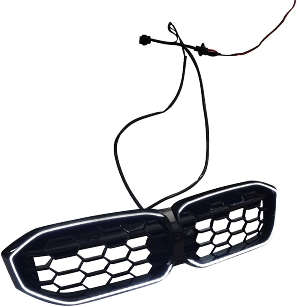 A black, hexagonal-patterned car grille with LED lights is connected to two wires. It is set against a plain white background.