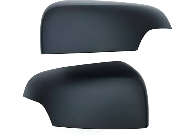 Two matte black car side mirror covers are displayed against a plain white background, showing their sleek, rounded shape and smooth surface.