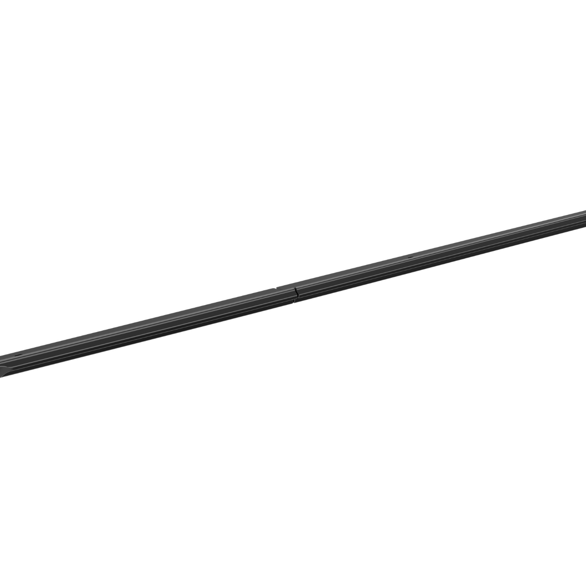 A long, black, narrow bar rests diagonally across a white background, appearing as a sleek metal or plastic object with tapered ends and subtle grooves along its length.