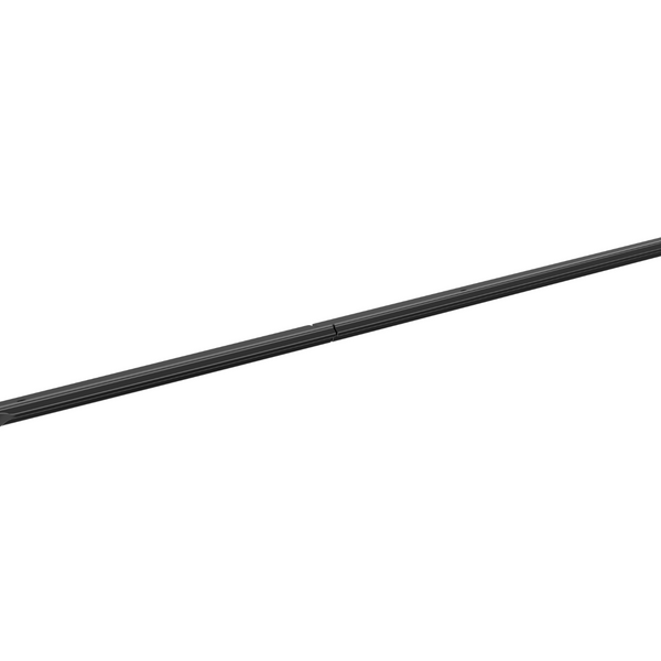 A long, black, narrow bar rests diagonally across a white background, appearing as a sleek metal or plastic object with tapered ends and subtle grooves along its length.