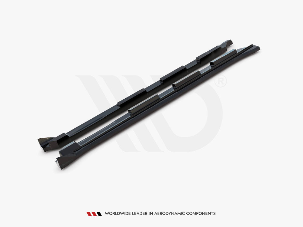 Two black aerodynamic components lie parallel on a white surface, featuring angular shapes. Text below reads: "WORLDWIDE LEADER IN AERODYNAMIC COMPONENTS."