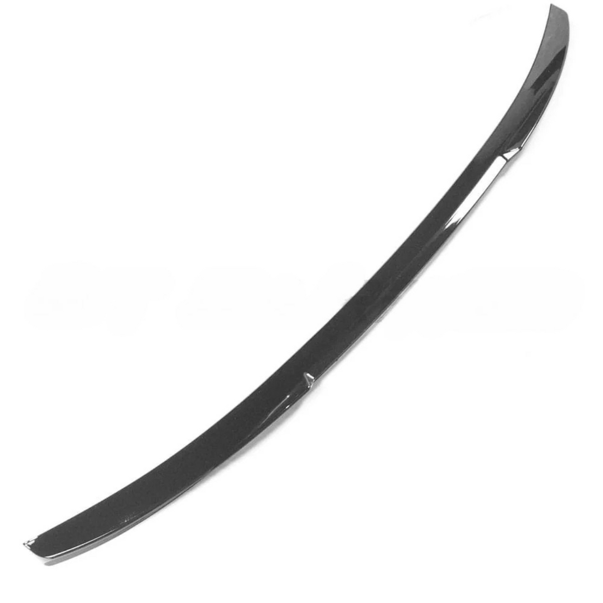 A long, curved, black car trim piece, likely a spoiler or edge guard, rests against a plain white background.