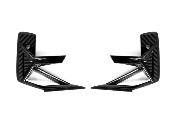 Two black carbon fiber brackets with an angular design sit on a white background. Each bracket features a large central triangular cutout and small circular holes for mounting.