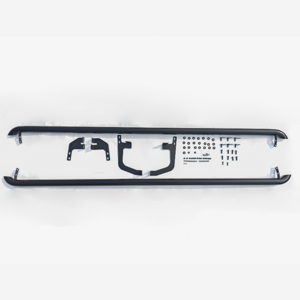 Two long, black side steps; laid out with metal brackets, screws, and bolts; arranged neatly on a white surface, suggesting the components for vehicle installation.