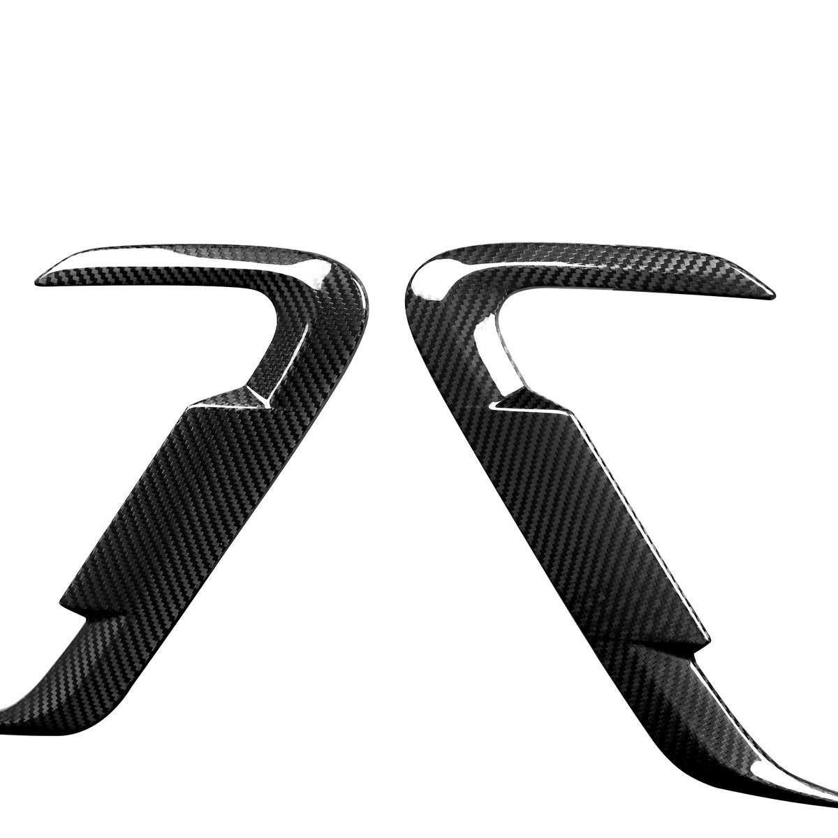 Two black carbon fiber hooks face each other, angled inward, against a plain white background.