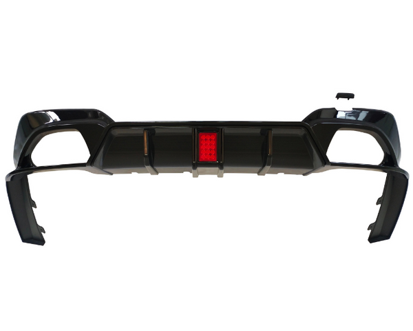 A black car bumper with a central red reflector is shown against a plain white background, highlighting its design and structure.