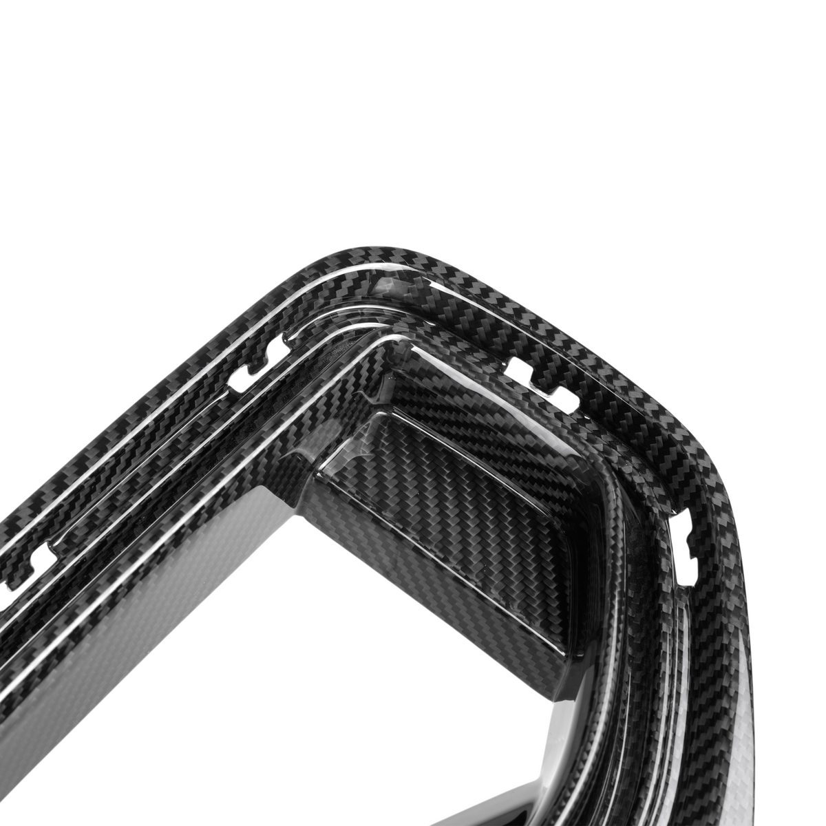 Curved carbon fiber frame with multiple slots and openings, designed for mounting or attaching, placed against a plain white background.