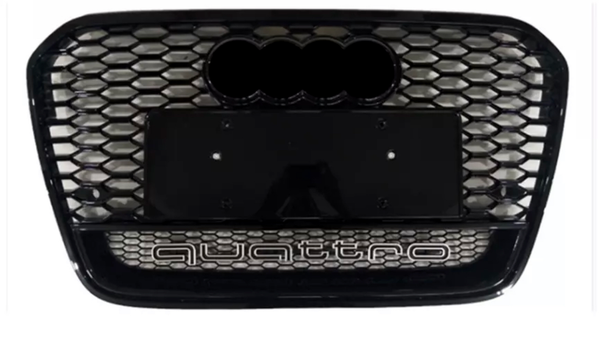 Car grille featuring a honeycomb pattern, with "quattro" text at the bottom. There's a mount for a license plate in the center, and a logo space at the top.