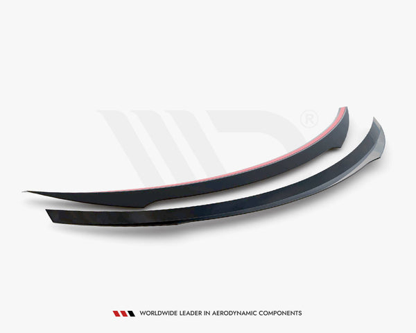 Two sleek, black aerodynamic car components with red accents lie on a white surface. Text below reads: "Worldwide leader in aerodynamic components."