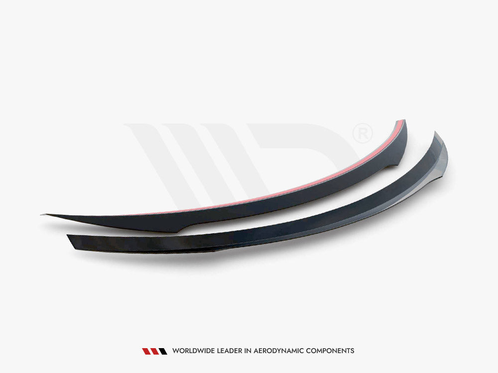 Two sleek, black aerodynamic car components with red accents lie on a white surface. Text below reads: "Worldwide leader in aerodynamic components."