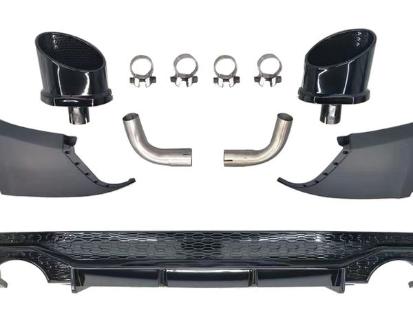 Car parts displayed include two black exhaust tips, four metal clamps, two curved pipes, two aerodynamic panels, and a honeycomb-patterned rear diffuser, all arranged on a white background.