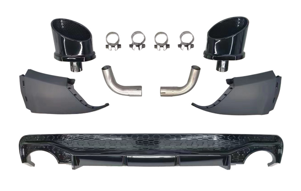 Car parts displayed include two black exhaust tips, four metal clamps, two curved pipes, two aerodynamic panels, and a honeycomb-patterned rear diffuser, all arranged on a white background.