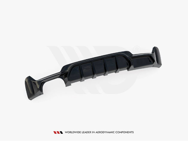 A black aerodynamic car diffuser with vent-like structures lies flat against a white background. Text below reads, "WORLDWIDE LEADER IN AERODYNAMIC COMPONENTS."