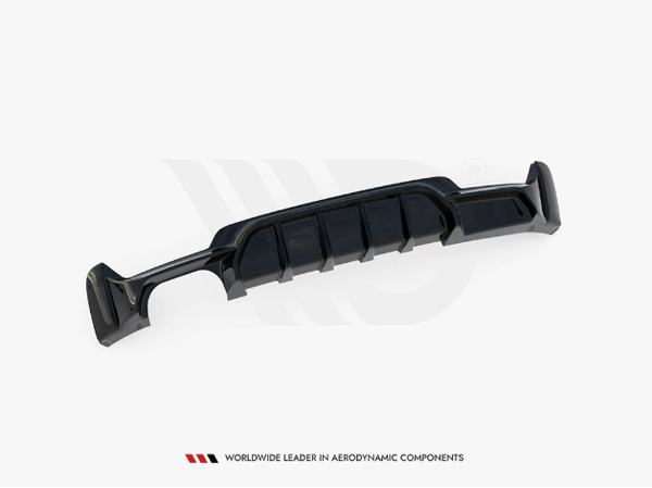 A black aerodynamic car diffuser with vent-like structures lies flat against a white background. Text below reads, "WORLDWIDE LEADER IN AERODYNAMIC COMPONENTS."