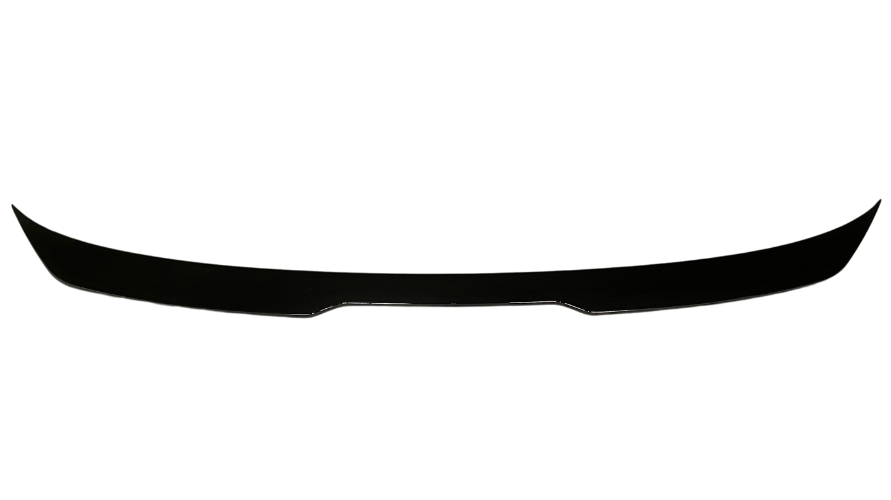 A black car spoiler lies flat against a white background, emphasizing its sleek, curved design and aerodynamic form.