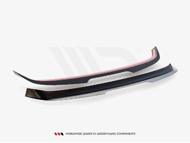 A black aerodynamic car component with a sleek design is displayed on a white background. Text reads, "WORLDWIDE LEADER IN AERODYNAMIC COMPONENTS" with a red logo above it.