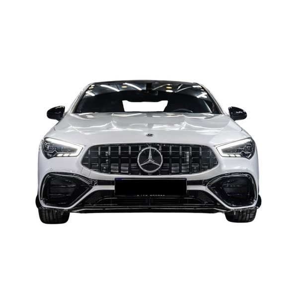 A white Mercedes-Benz car is displayed from the front, showcasing a prominent grille, sleek headlights, and a glossy finish in an isolated setting.