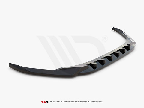 Curved black car spoiler resting on a plain white background. It features angular design elements for aerodynamic enhancement. Text reads: "Worldwide Leader in Aerodynamic Components" at the bottom.