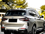 A silver SUV is parked on a road beside a sidewalk, surrounded by green trees. The vehicle has a BMW logo and 