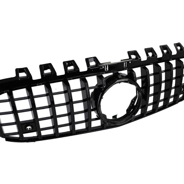 A black car grille, featuring vertical and horizontal slats with a central circular opening, is set against a plain white background.