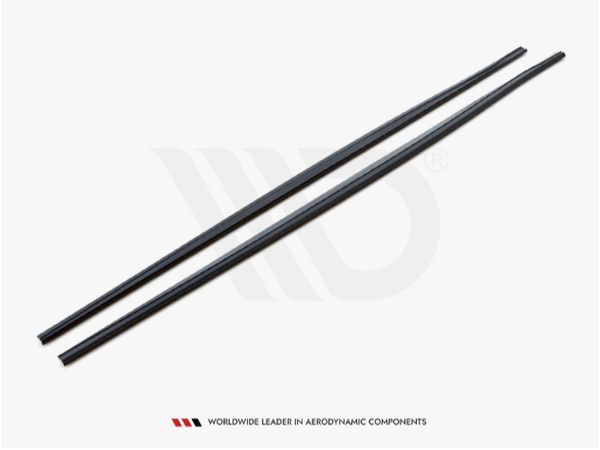 Two long, black aerodynamic strips lying parallel on a white surface. Text reads: "WORLDWIDE LEADER IN AERODYNAMIC COMPONENTS" at the bottom.