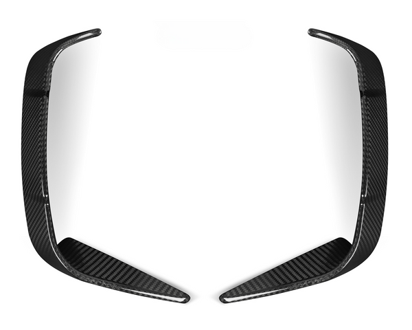 Two elongated, curved carbon fiber pieces rest symmetrically, facing each other on a plain white background.