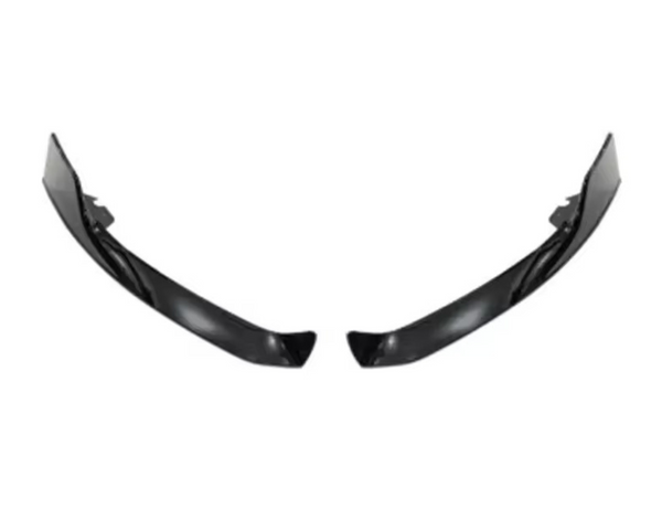 Two sleek, black bumper trim pieces face each other symmetrically on a white background, suggesting car accessory components.