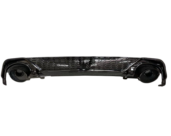 A glossy black car bumper with a honeycomb grille design, featuring circular exhaust openings on each side, isolated against a white background.