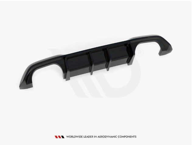 A glossy black car diffuser with angular fins is positioned on a white background. Below, text reads: "WORLDWIDE LEADER IN AERODYNAMIC COMPONENTS."