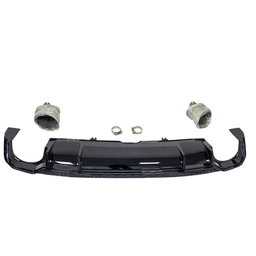 A glossy black car diffuser is centered, flanked by two wrapped exhaust tips. Two metal rings lie between the diffuser and the exhaust tips on a plain white background.