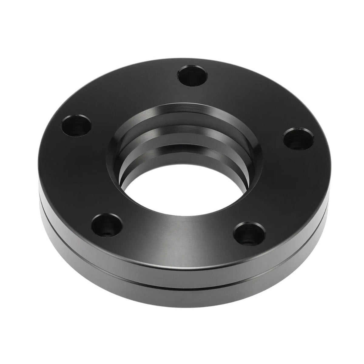 A black, circular metal flange with a central threaded hole and five surrounding bolt holes, positioned against a plain white background.