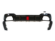 A black car bumper with an integrated red reflector in the center is displayed against a white background, featuring aerodynamic contours and bracket extensions.